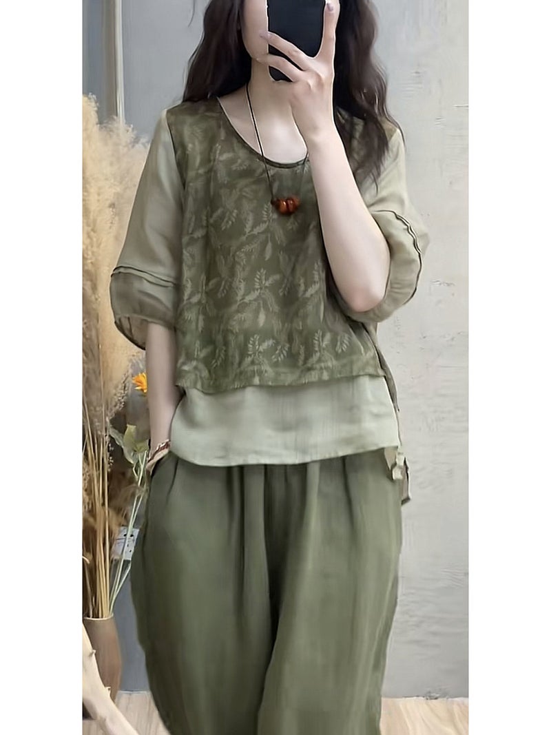 2238 # Fashionable Cotton And Linen Suit For Women 2023 Style Printed Splicing Top Harem Pants Slimming Look Two-Piece Set - Image 3